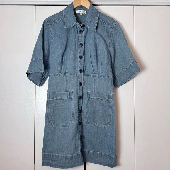 Sea New York Denim Shirt Dress Size 6 Blue Button Front Cotton Linen - Picture 2 of 7